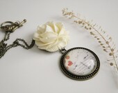 Necklace - Pendant - Paper Collage Doll - White Rose
