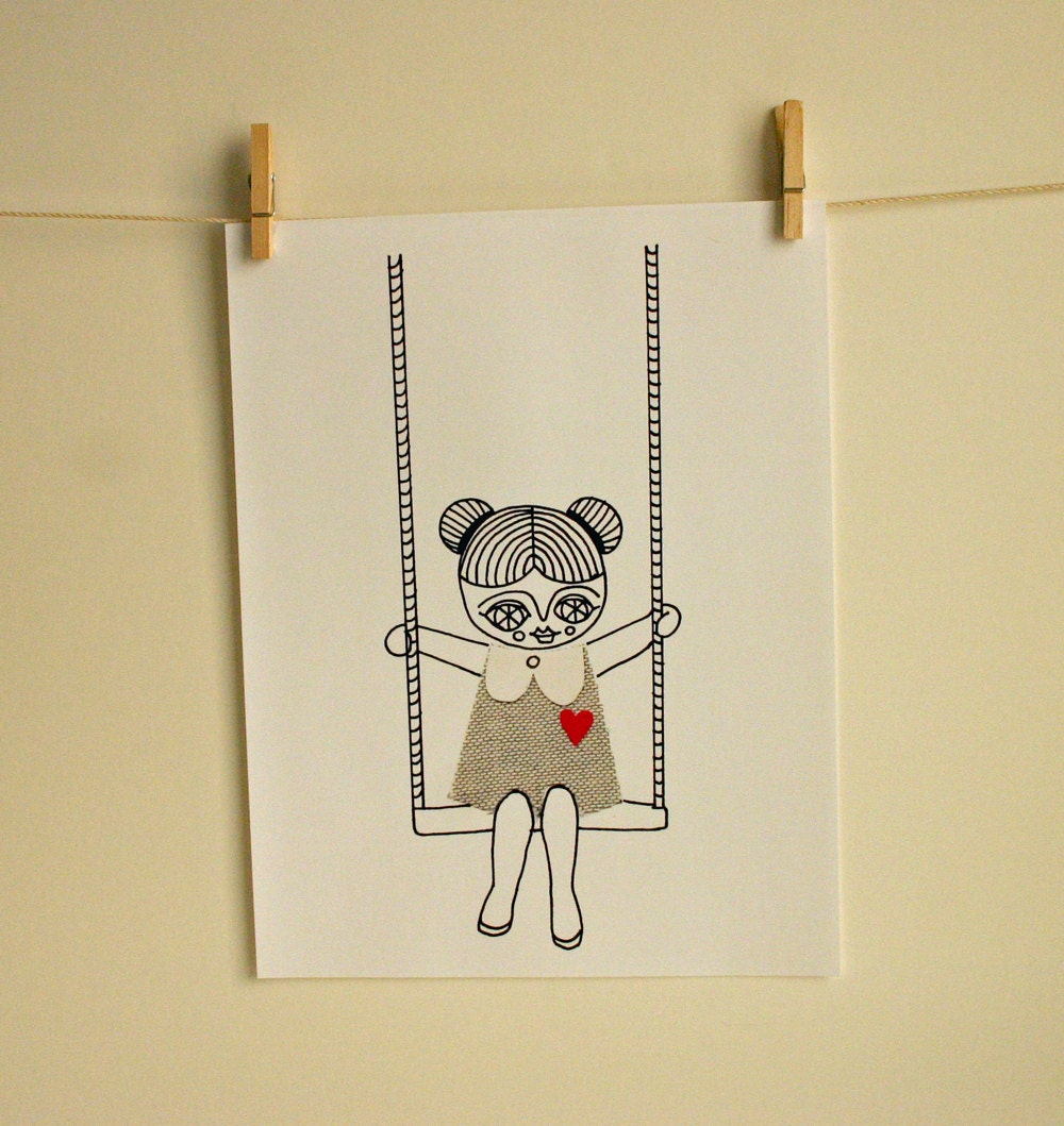 Playing Girl - Paper Collage - Children illustration - Print