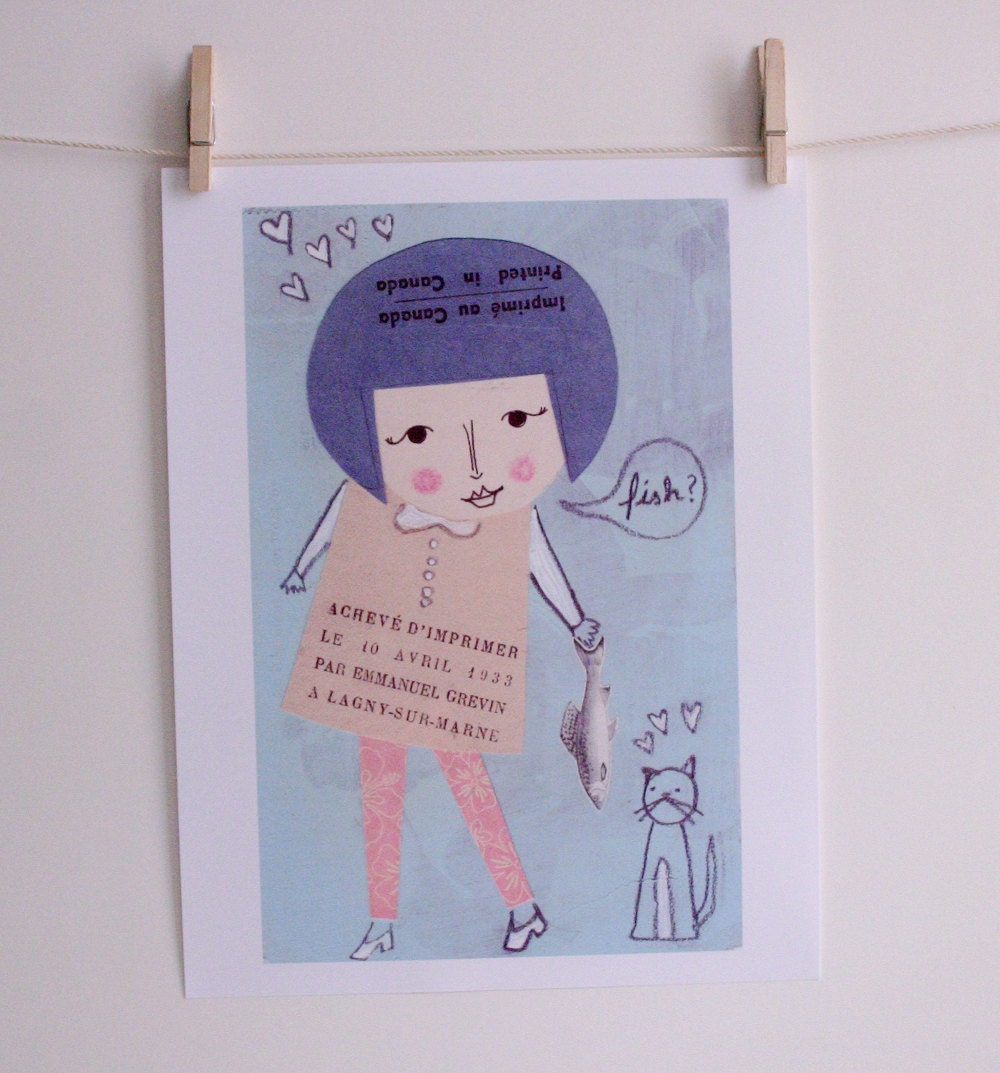 Fish for the cat - Paper Collage - Paper doll - Print - blue