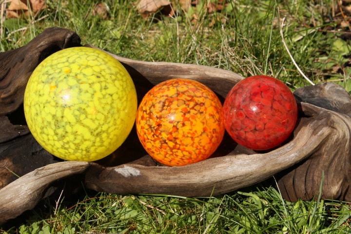 Set of 3 Hand Blown Glass Floats or Koi Fish Pond Balls in shades of Yellow, Orange, and Red