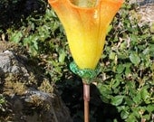 Sunshine Yellow to Orange Variegated Hand Blown Glass Tulip Flower Garden Art Sculpture Outdoor Decoration