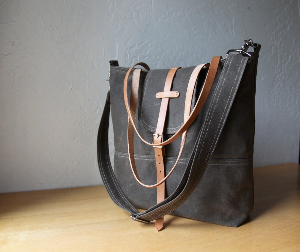 Waxed Canvas Tote // With leather straps and detachable shoulder strap