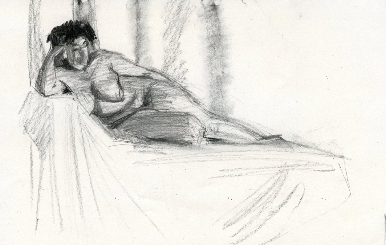 Original Drawing Nude  Female Charcoal Figure Gesture Sketch - Amina Reclining