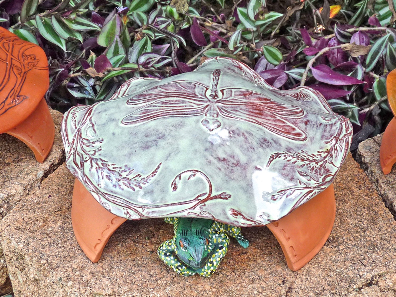 Frog House Toad Abode House For Green Gardening, Sage Green and Brown,  Dragonfly Nature Inspired Pottery Garden Art