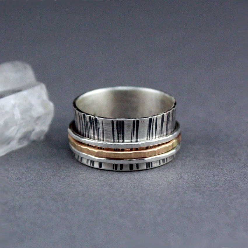 Silver and Gold Wood Grain Spinner Ring, Meditation Ring