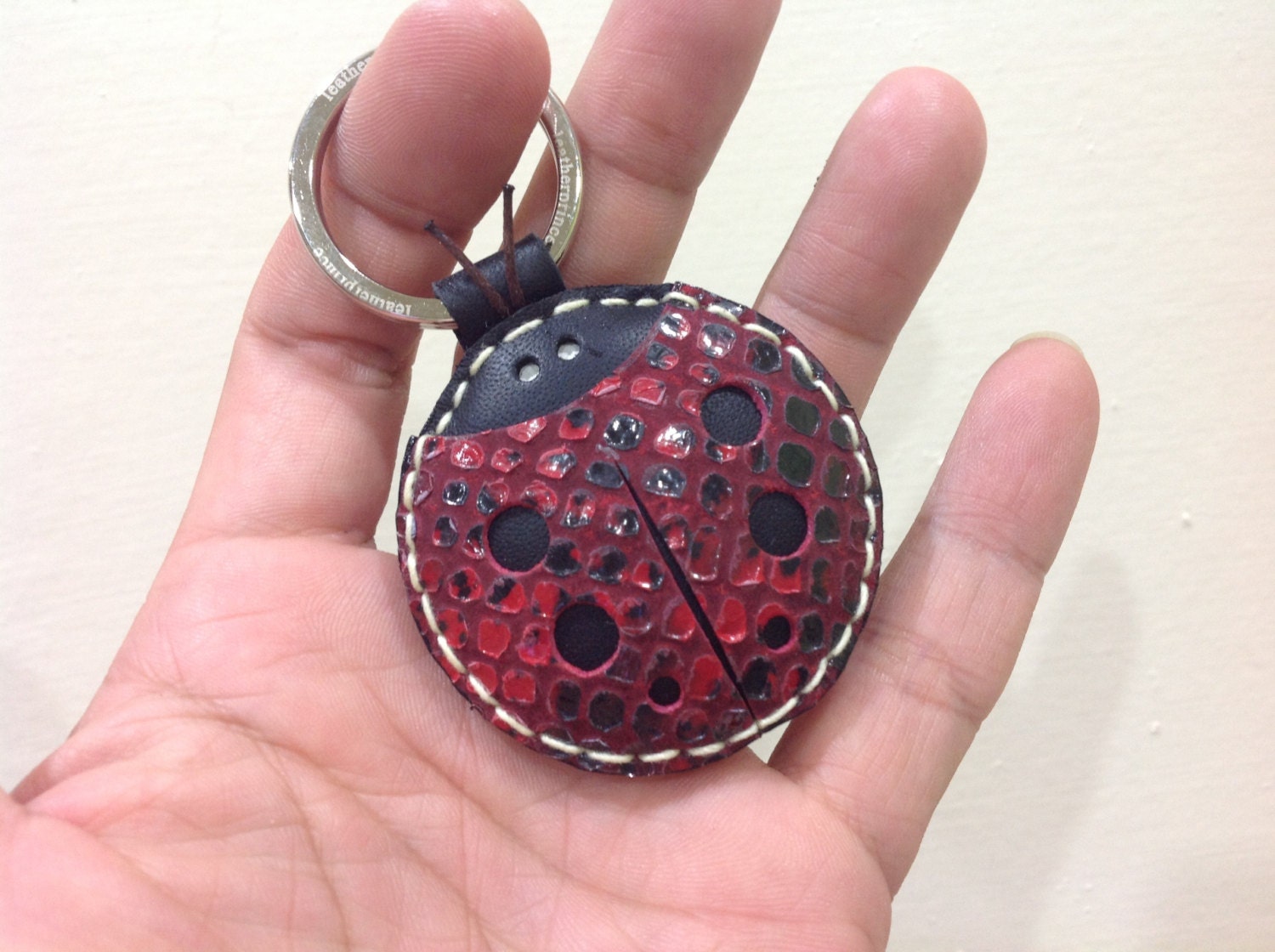 Penny the LadyBug Leather Keychain ( Red Lizard Printed )