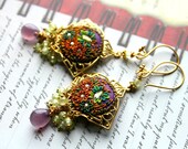 Chalcedony ,Lime CZ gems, brass filigree gold earrings with clay floral details - A Stroll in the Butterfly Garden