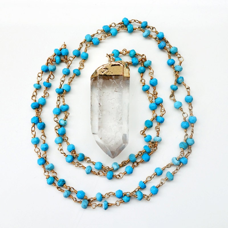 Crystal Quartz Pendant Necklace / Turquoise And Gold  Beaded Necklace / Long Gold Chain / Layering Necklace