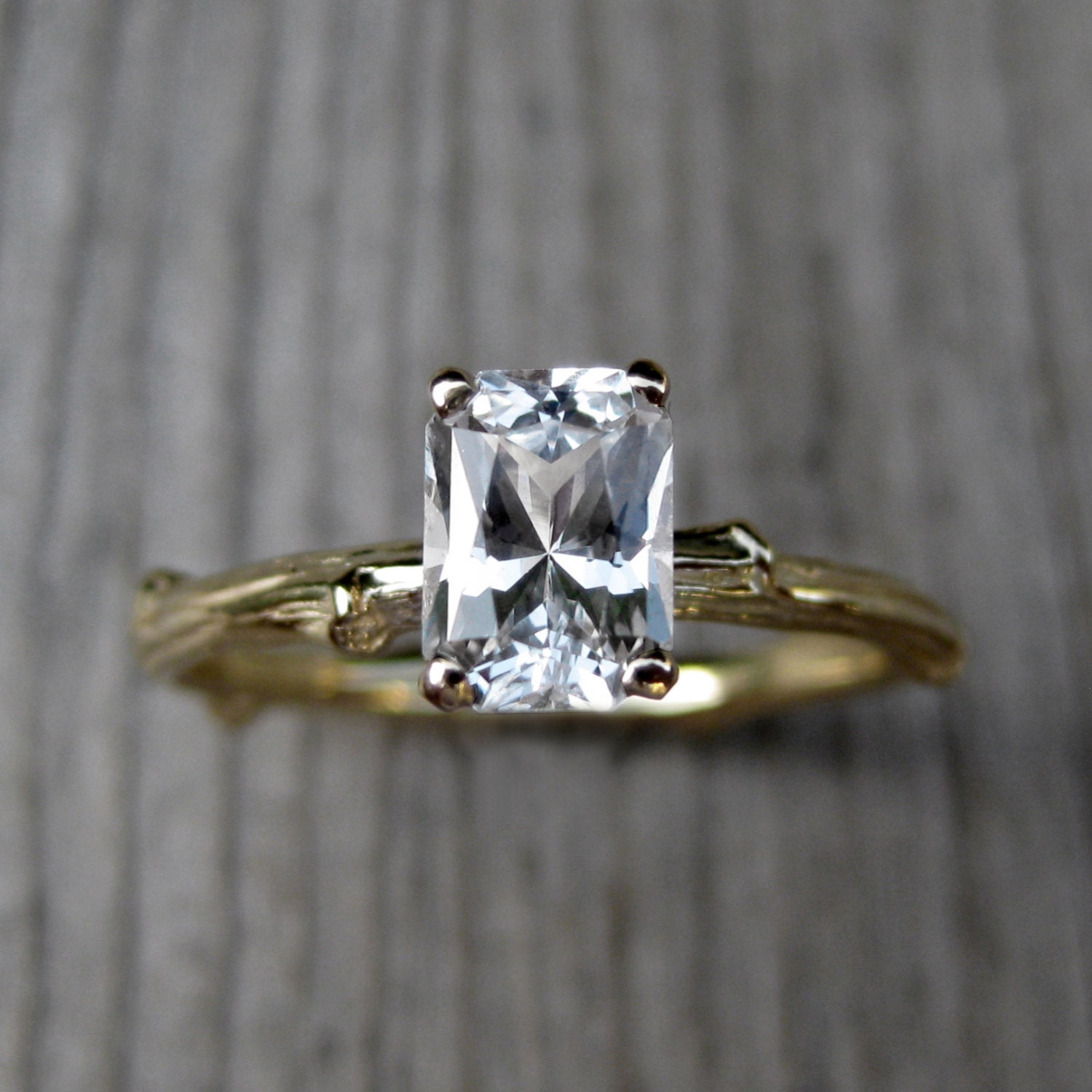 Emerald Cut White Sapphire Twig Engagement Ring, One Carat