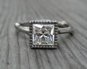 Princess Moissanite Twig Engagement Ring - White, Yellow, or Rose Gold - 1.5ct - Beaded Bezel