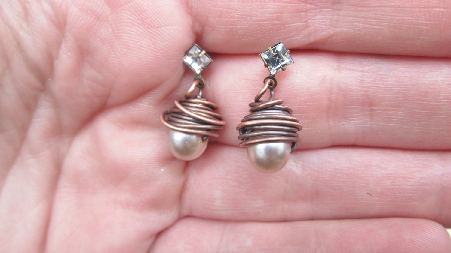 Pearl Drop Earrings Pearl Stud Earrings Wire Wrap Dangle Earrings Rustic Jewelry DanielleRoseBean Bridesmaid Earrings Drop Earrings