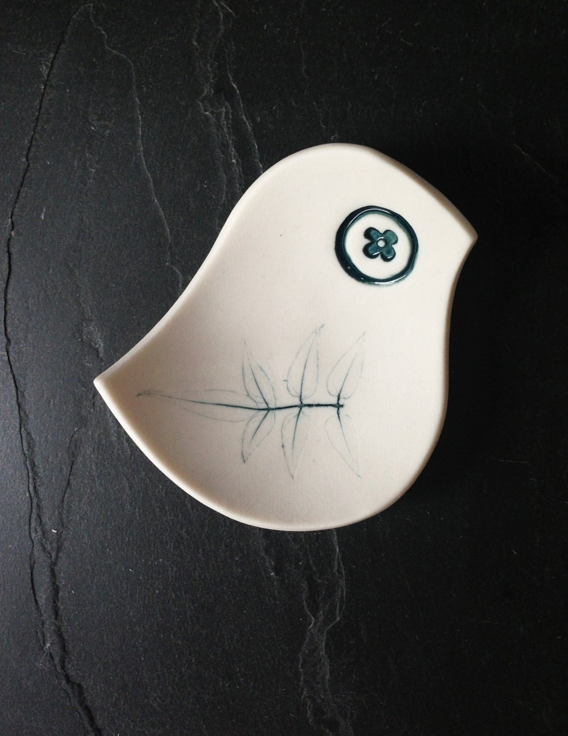 Porcelain bird bowl with real jasmine leaf imprint wing in deep teal Ring dish Modern retro design Unique handmade English porcelain