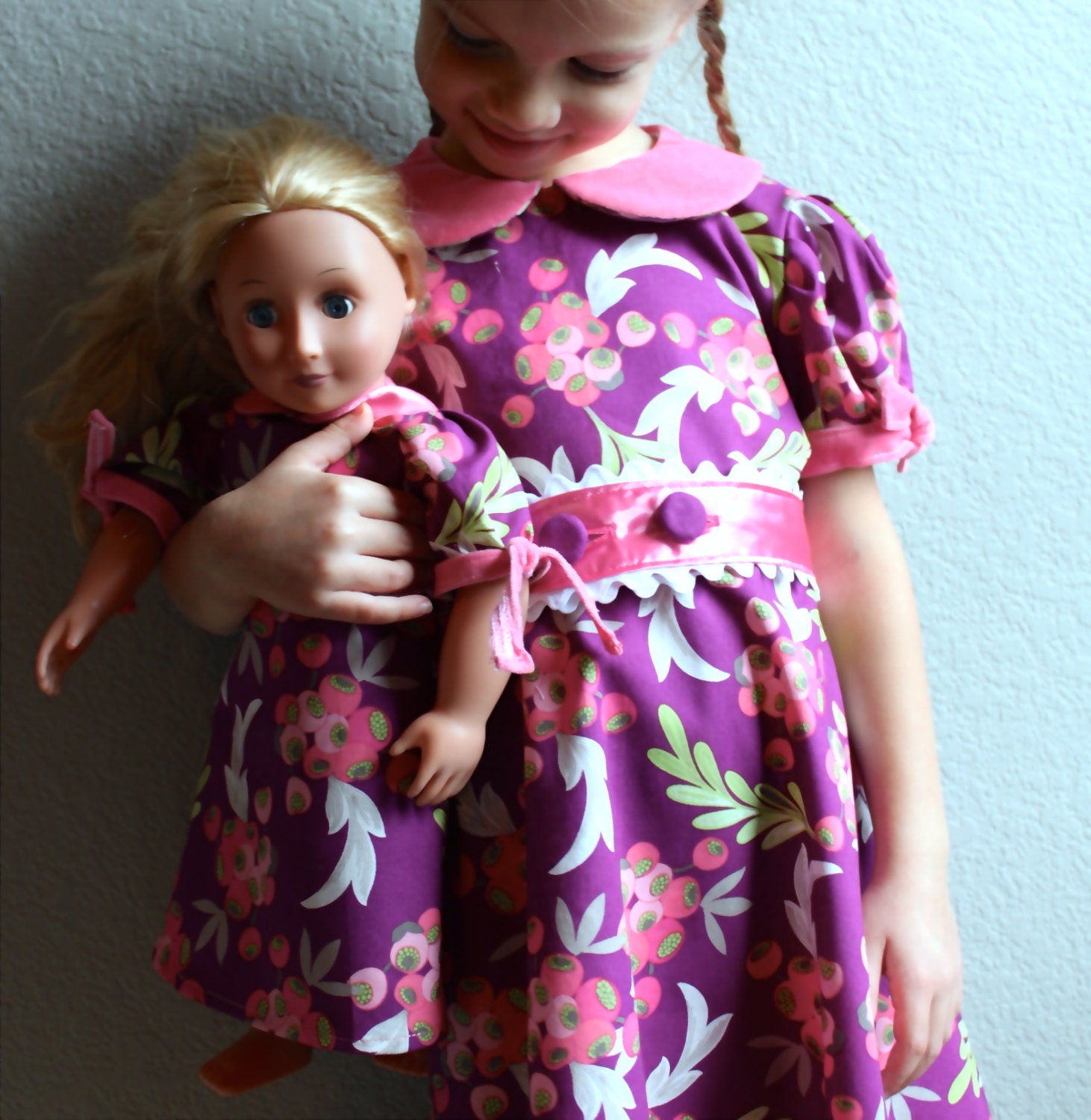 M2M Custom American Girl Doll and Size 6 Girls Matching Dress Set Pink and Purple Berries, Peter Pan Collar