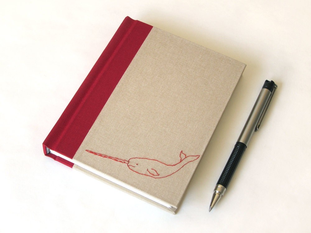 Narwhal Journal - Handmade Lined Journal - Narwhal Embroidery - Gift for Writer