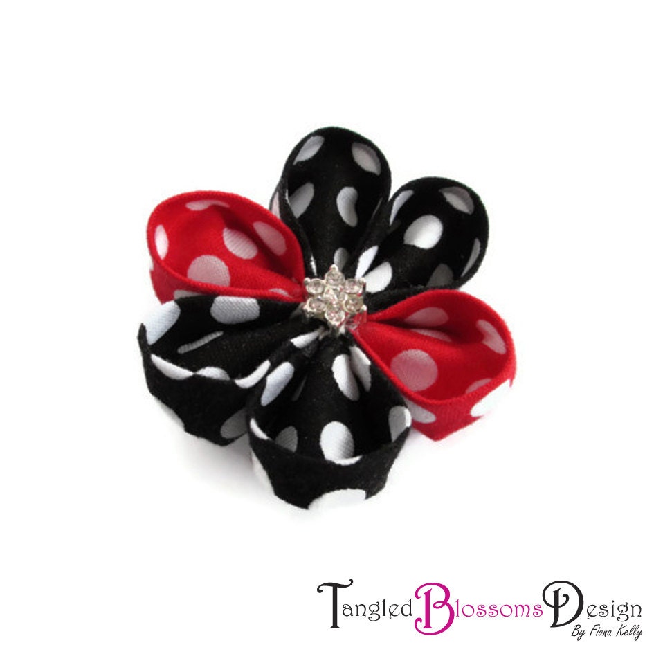 Minnie Dot Diamante Kanzashi Flower Hair Clip No Slip Girl Chic Style Red Black White Riley Blake Designer Fabric