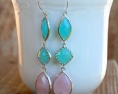 Turquoise, Mint, and Rose Quartz Sterling Silver Drop Earring