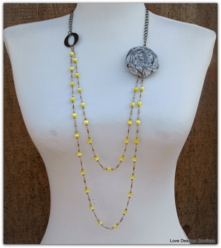 Long Yellow and Grey Vintage Beaded Necklace