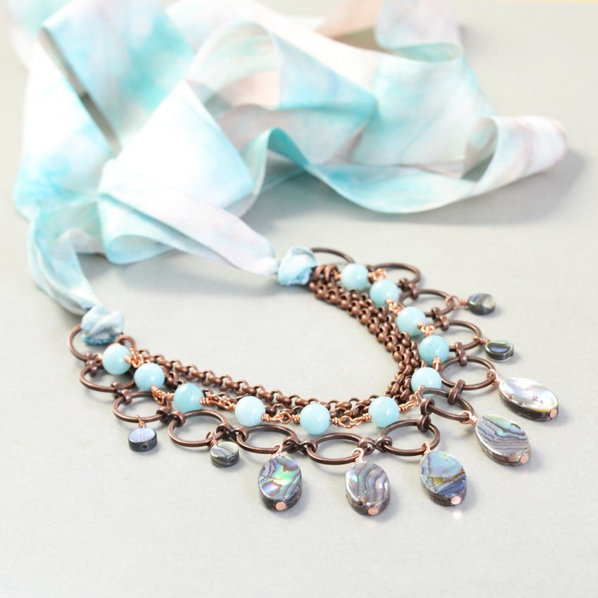 Abalone Copper Statement Necklace, Ribbon Necklace, Mint Summer Necklace, OOAK,