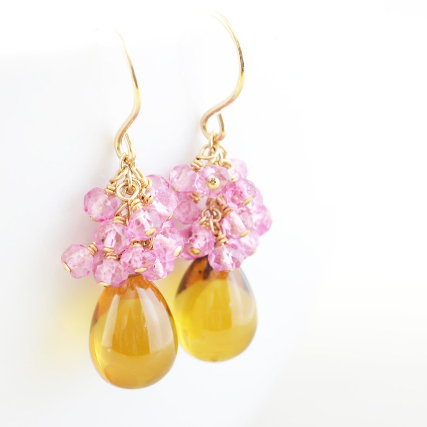 Yellow Quartz Earrings, Topaz Cluster Earrings, Pink Gemstone Earrings