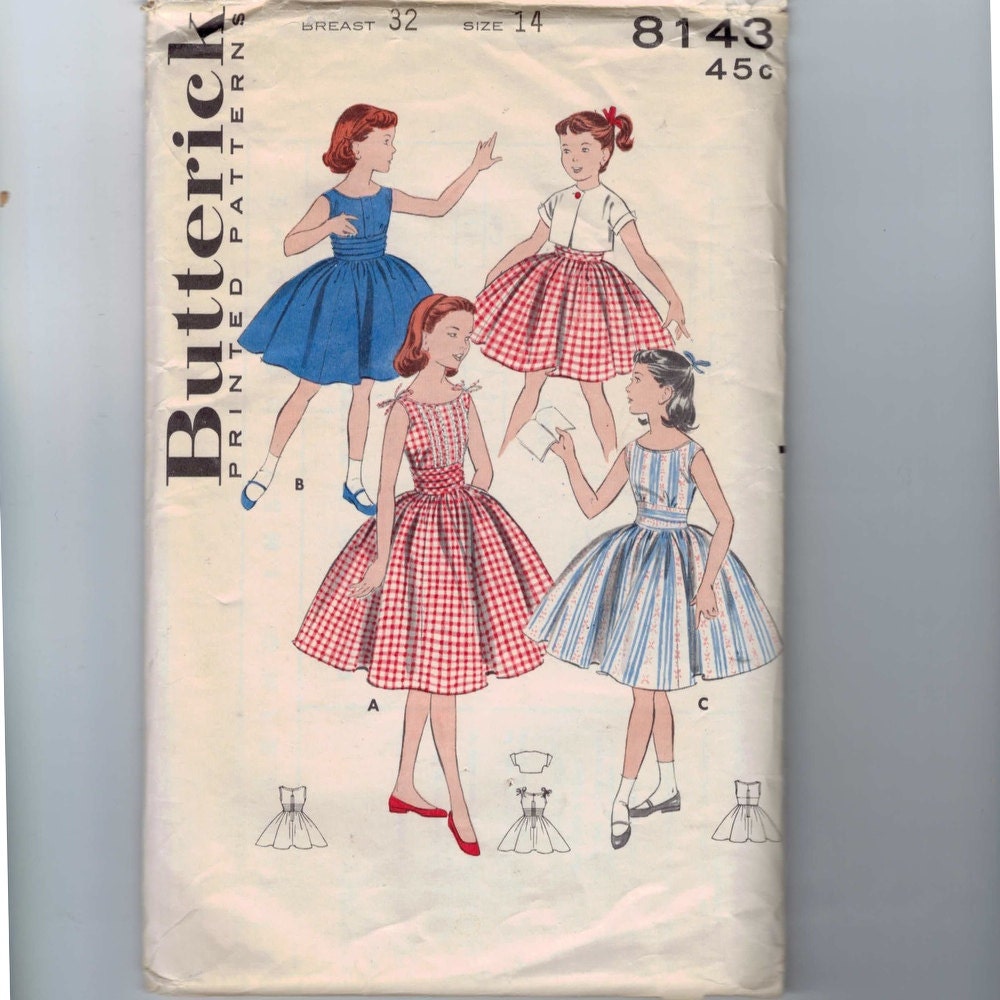 1950s Vintage Sewing Pattern Butterick 8143 Juniors Full Skirt Party Dress Size 12 Bust Breast 32 50s