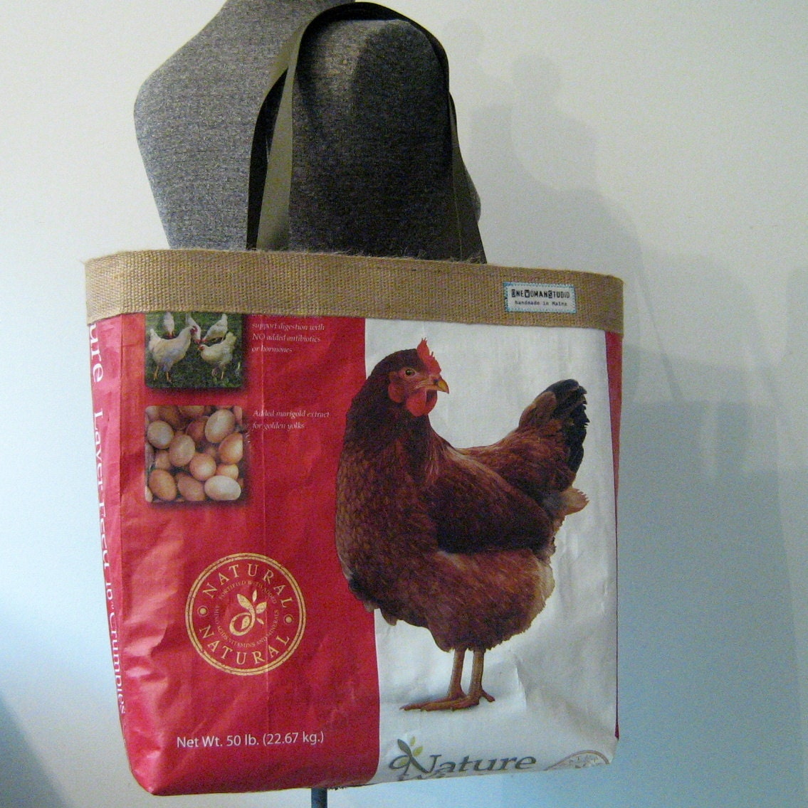 Repurposed Chicken Feed Bag Tote with jute webbing trim