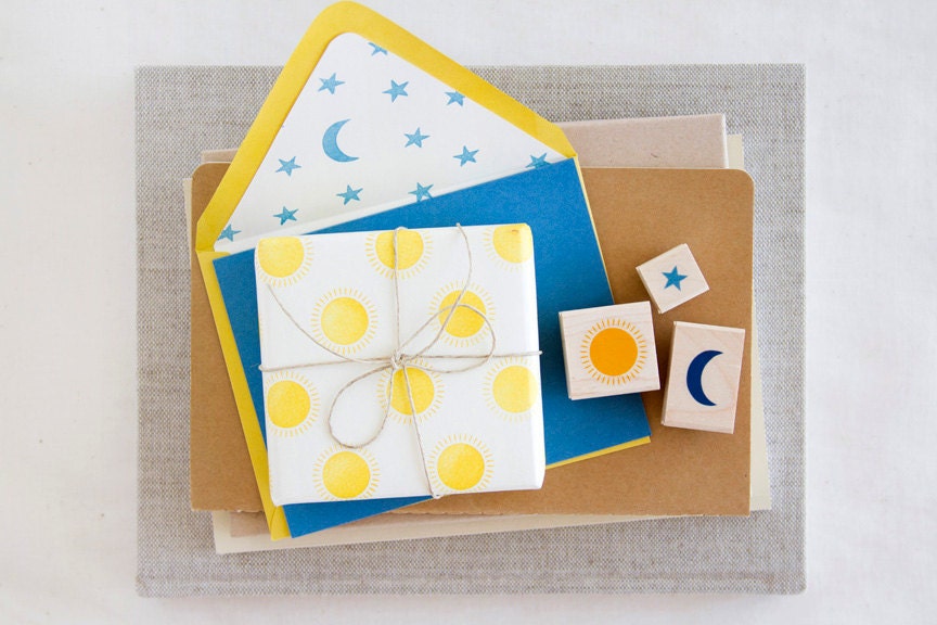 Sun Moon & Star Handmade Rubber Stamp Set - Weather Astrology Sky Universe Solar System Planet For Arts Crafts Kids Projects and Gift Wrap