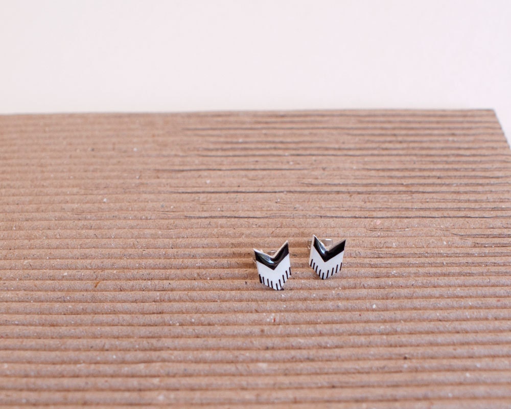 Hand Drawn Black and White Chevron Post Earrings Studs