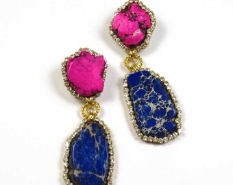 Statement Earrings Stone Turquoise Gold Tone Crystal Border Pink and Royal Blue Drop Stone Earrings