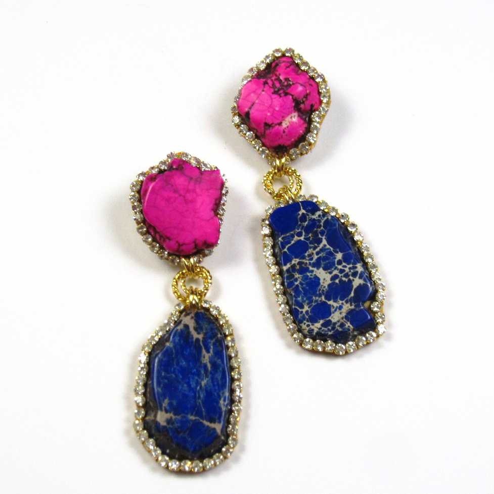 Statement Earrings Stone Turquoise Gold Tone Crystal Border Pink and Royal Blue Drop Stone Earrings