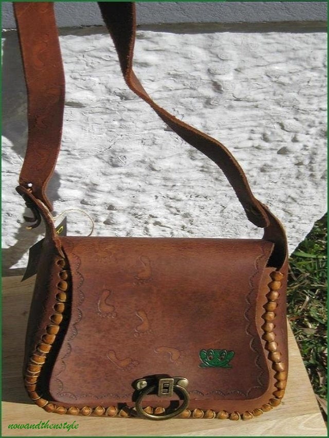 Vintage Leather Shoulder Bag Purse Hand Tooled Frogs and Footsteps Artist Signed 1976