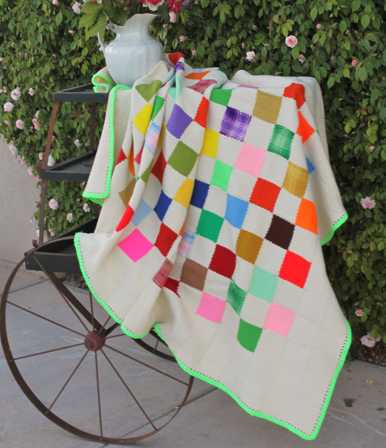 Reserve Elena 1960's Candy Color, Patchwork,  hand sewn Crochet,  Work of Art Quilt  77" x 54"