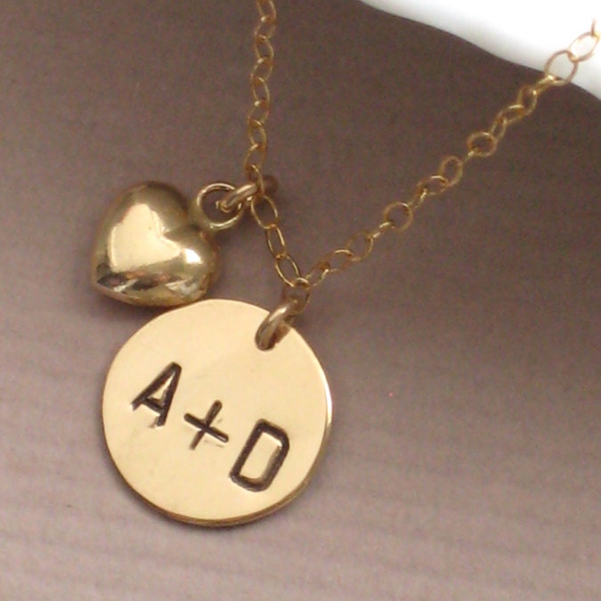 Heart Necklace with Hand Stamped Disc & Heart Charm in Gold fill, Sweetheart, Love, Personalized Jewelry, Mothers Necklace