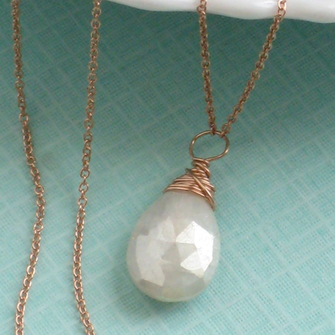Silverite Briolette Necklace Wire Wrapped in Rose Gold Fill, White Gemstone, Silverite Drop Necklace, Mystic Corundum, Rose Gold Drop