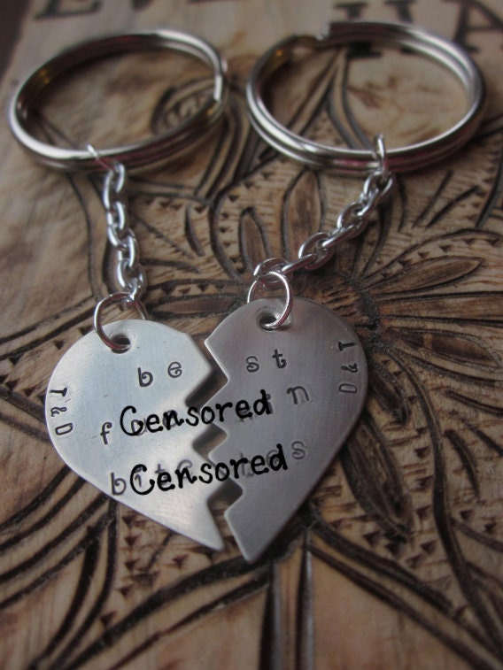 Best F%cking Friends Btches Mature Set of Two Personalized Keyring Key Chain handstamped onto copper or silver half hearts BFF best bitches