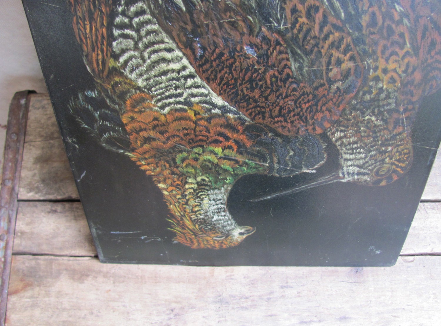 vintage c. 1950s game birds folk art oil painting on metal