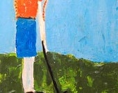 Acrylic Palette Knife Painting 8.5x11 Original Portrait Red Braids, Golfing, Golf Course, Girl, Golf Club, Green, Orange