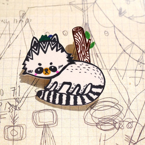 Woodland Raccoon and wood sticks - hand drawn brooches