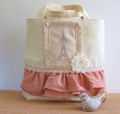 Shabby Cottage Paris Rustic Rose Pink Rosettes and Cream Ruffled Tote Handbag