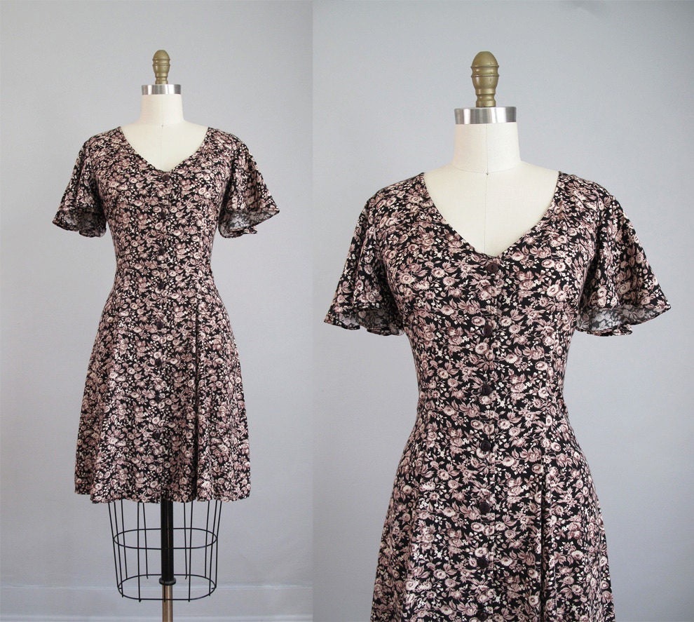 vintage FLORAL flutter sleeve lace up mini dress XS S