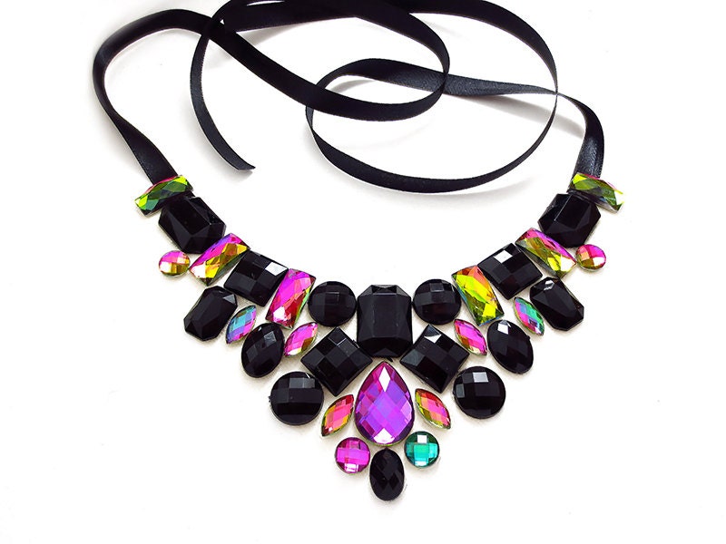 Black Rhinestone Bib Necklace, Rainbow Vitrail, Jewels, Floating Illusion, Elegant Fashion Statement, Bridesmaid Jewelry