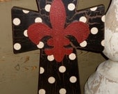 French Country Polka Dot Crackled Fleur De Lis Wood Cross Wall Decor