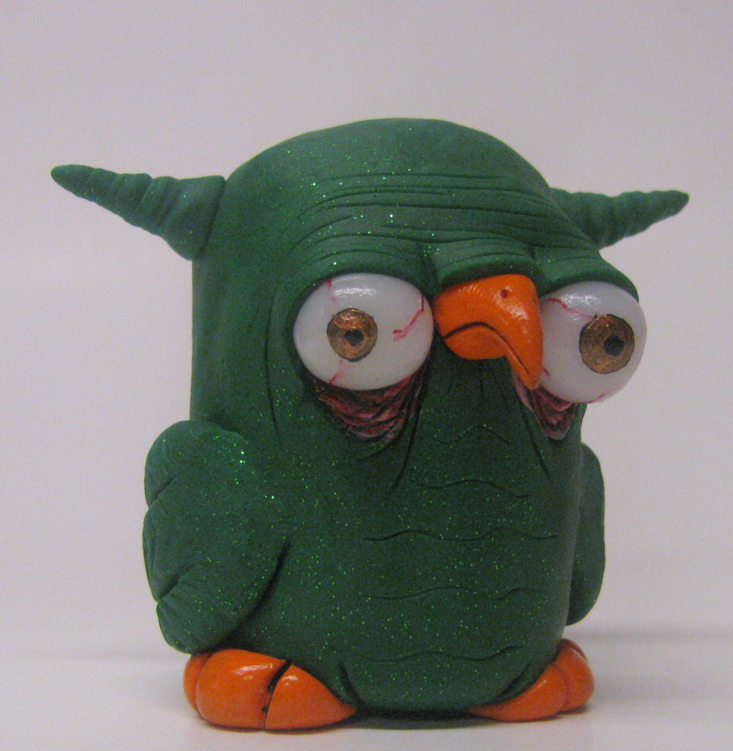 lowbrow one of a kind sculpture LittLe green bird ooak owl crow by mealy monster land