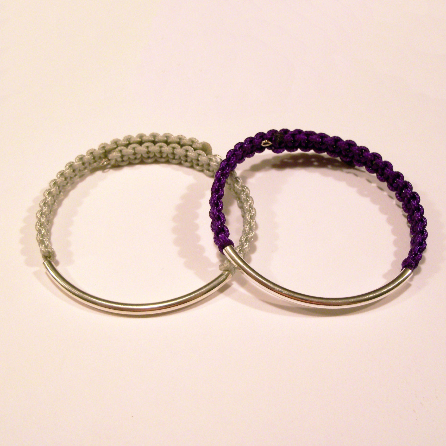 Set of two nautical silver bar rope bracelets on adjustable memory wire