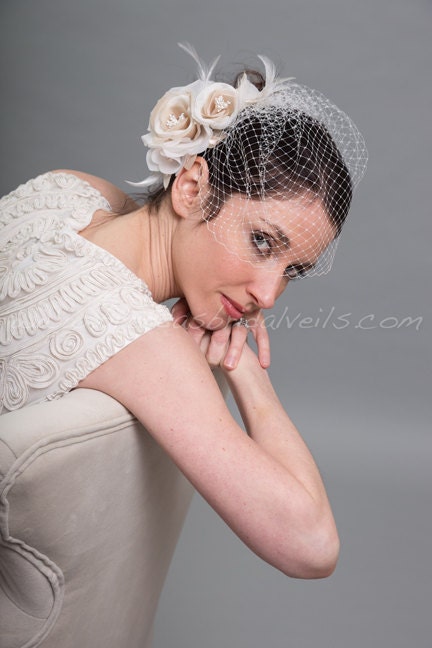 Birdcage Veil With Flower, Wedge Birdcage Veil, Ivory And Champagne Rose Fascinator, Wedding Veil Set