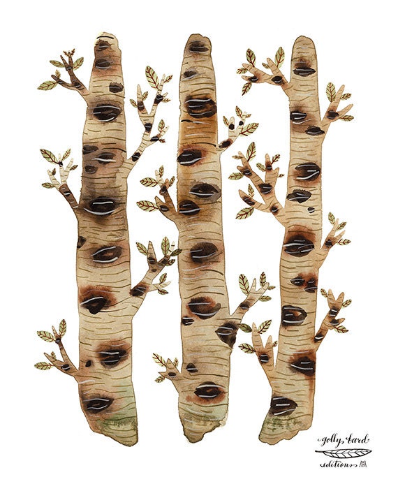 mossy birch trees woodland archival art print watercolor reproduction