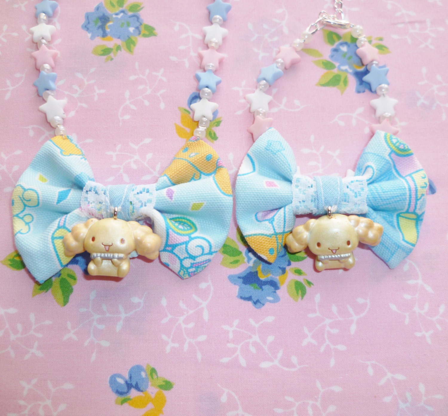 Cinnamoroll Bow Necklace and Bracelet set - Kawaii pastel stars, fabric bow and cinnamoroll charm