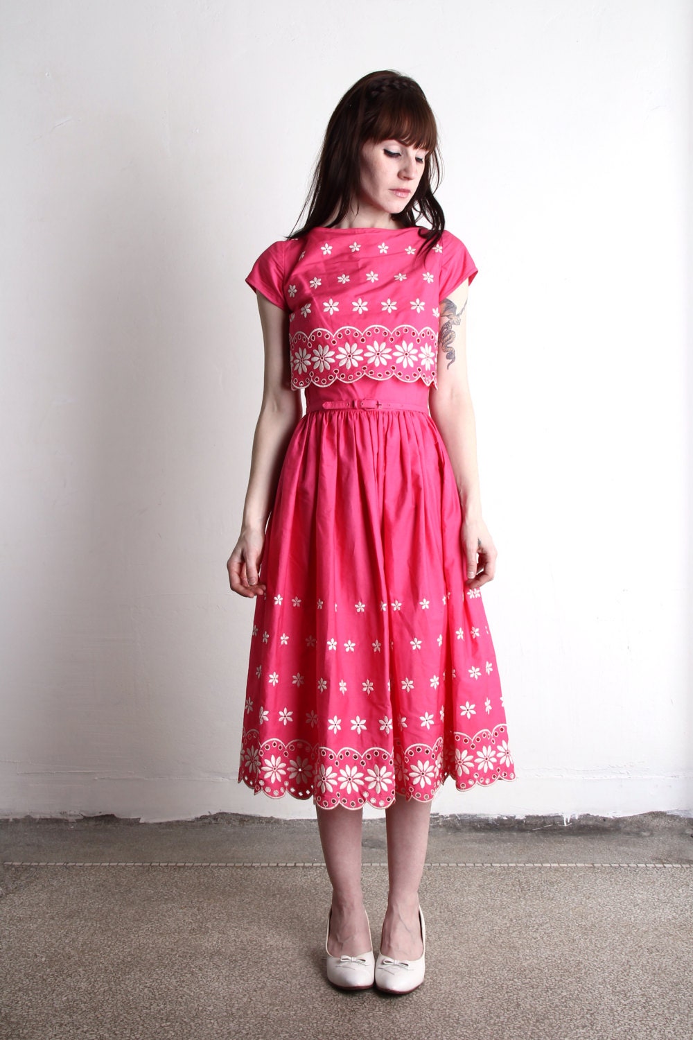 Vintage Party Dress . Pink White Eyelet 1950s