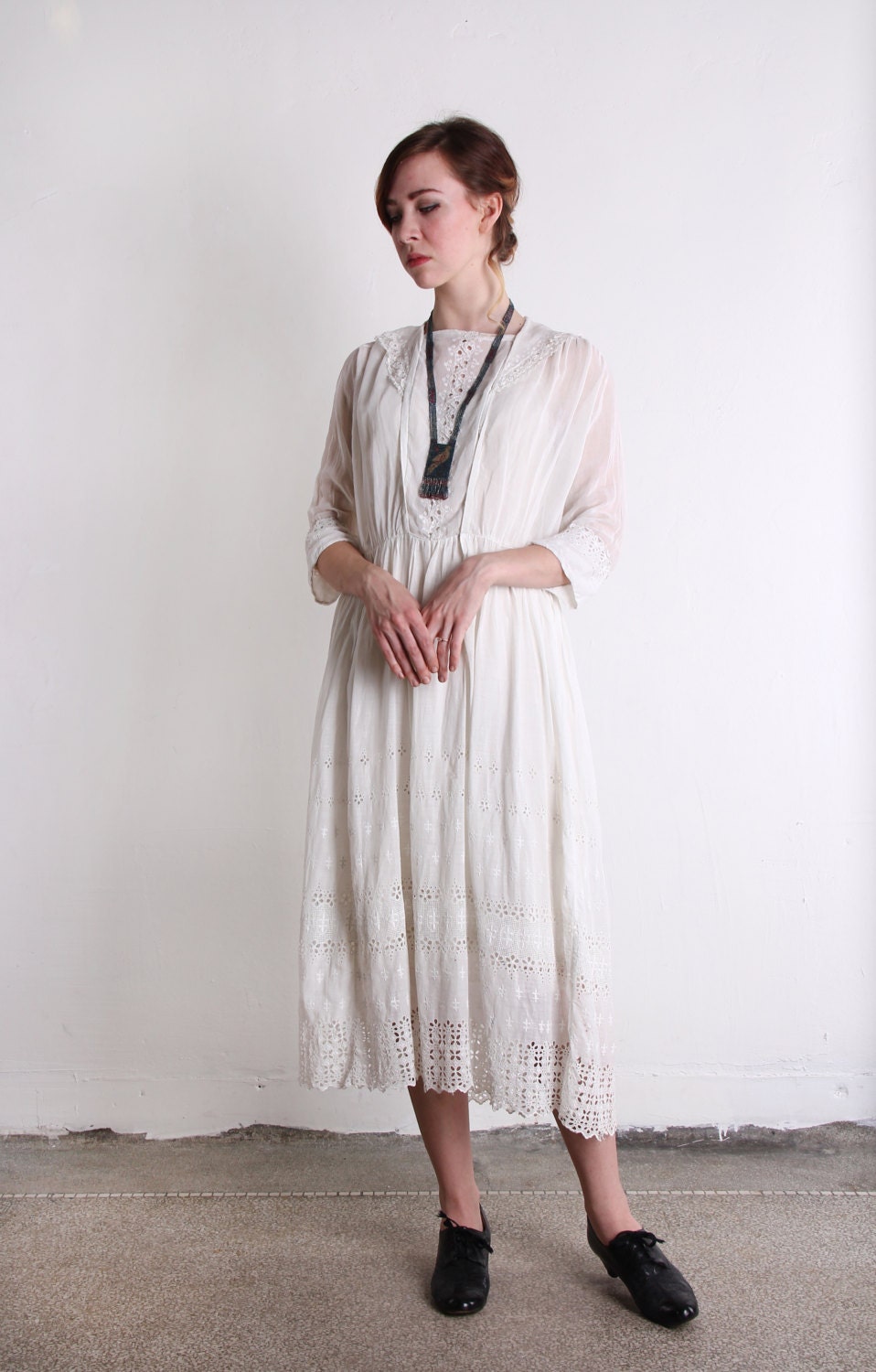 Edwardian Gown . Antique White Cotton Dress . 1910s