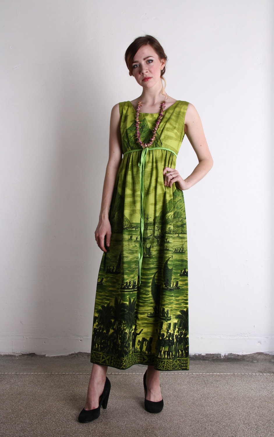 60s Tropical Maxi . Vintage Hawaiian Dress . Historical Print . Lime Green . Island Fashion