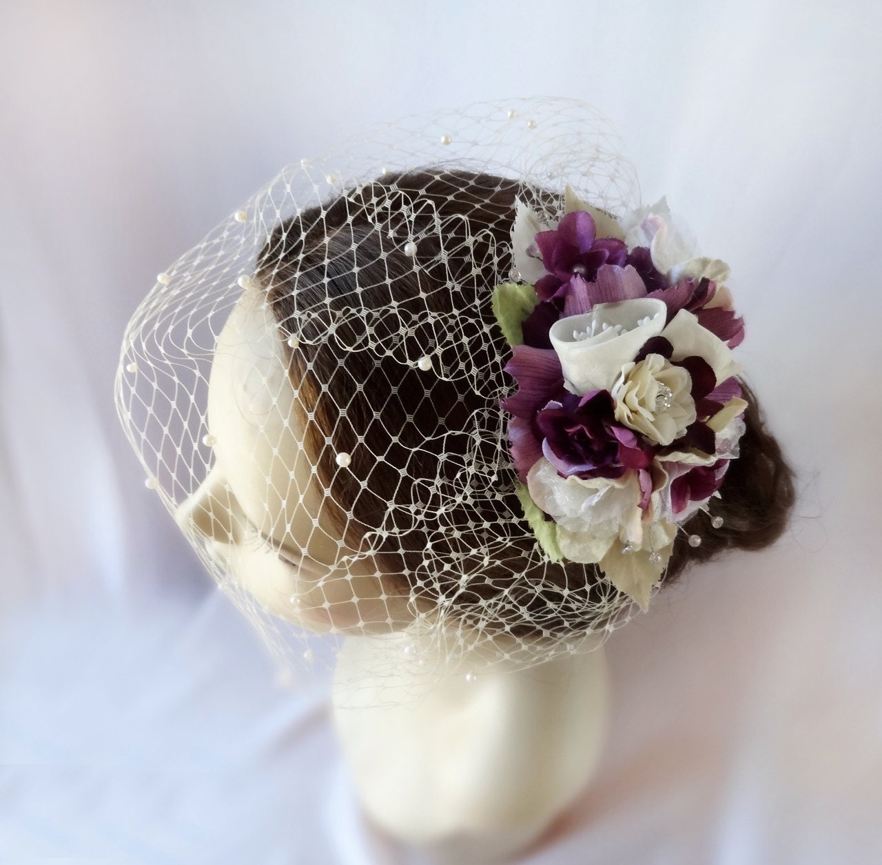 purple bridal hair accessories, eggplant bridal hair clip - ISADORA - purple, ivory flower, rhinestone headpiece